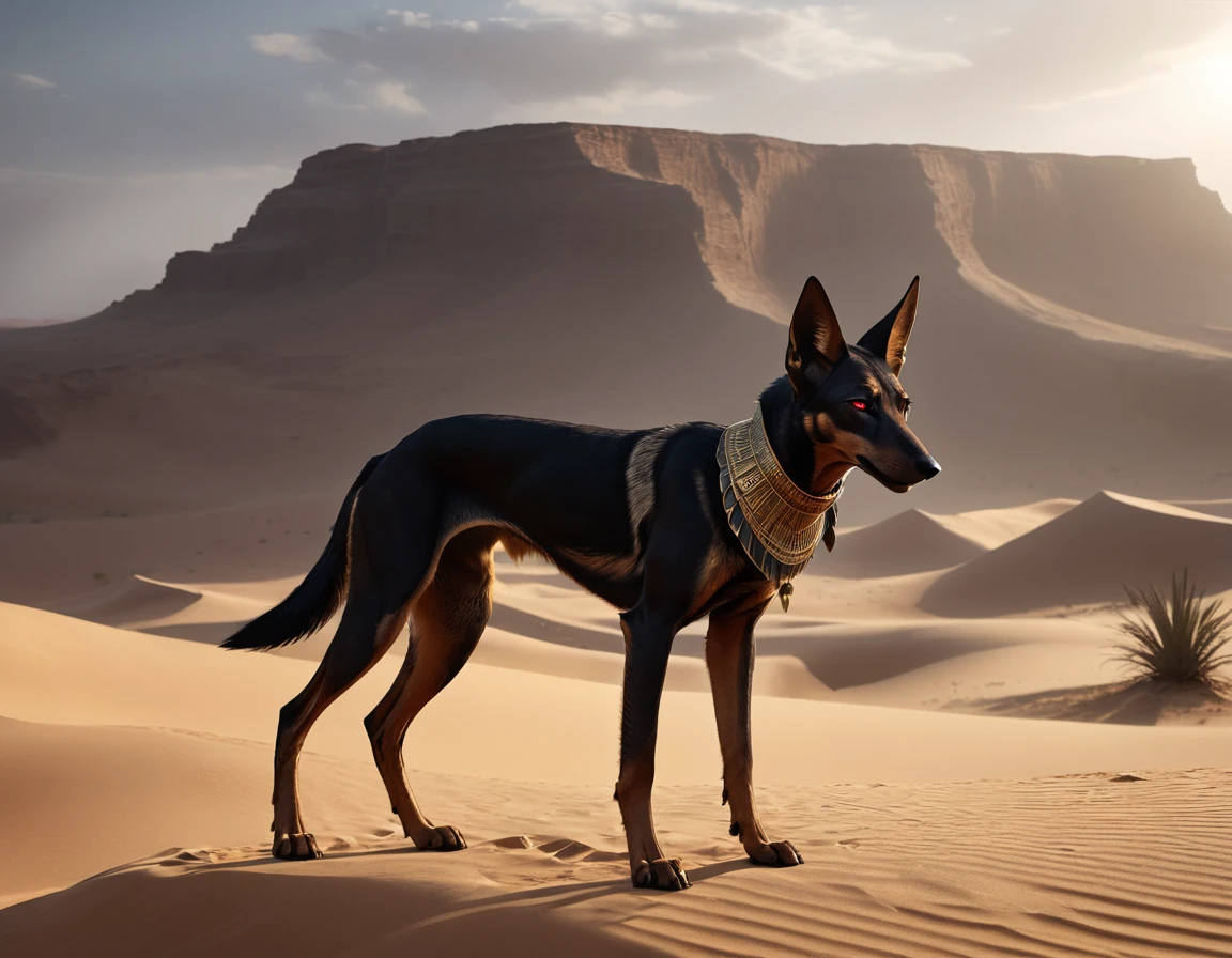 full body portrait of a black jackal, anubis, pharaoh hound hybrid beast, dark red eyes, mysterious desert scenery, fantasy, dark fantasy, full body, cinematic, render, 8k, unreal engine, realistic, masterpiece, high detail, full body, low life, volumetric lighting