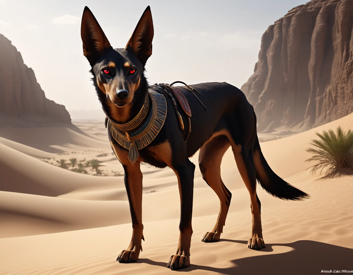 full body portrait of a black jackal, anubis, pharaoh hound hybrid beast, dark red eyes, mysterious desert scenery, fantasy, dark fantasy, full body, cinematic, render, 8k, unreal engine, realistic, masterpiece, high detail, full body, low life, volumetric lighting