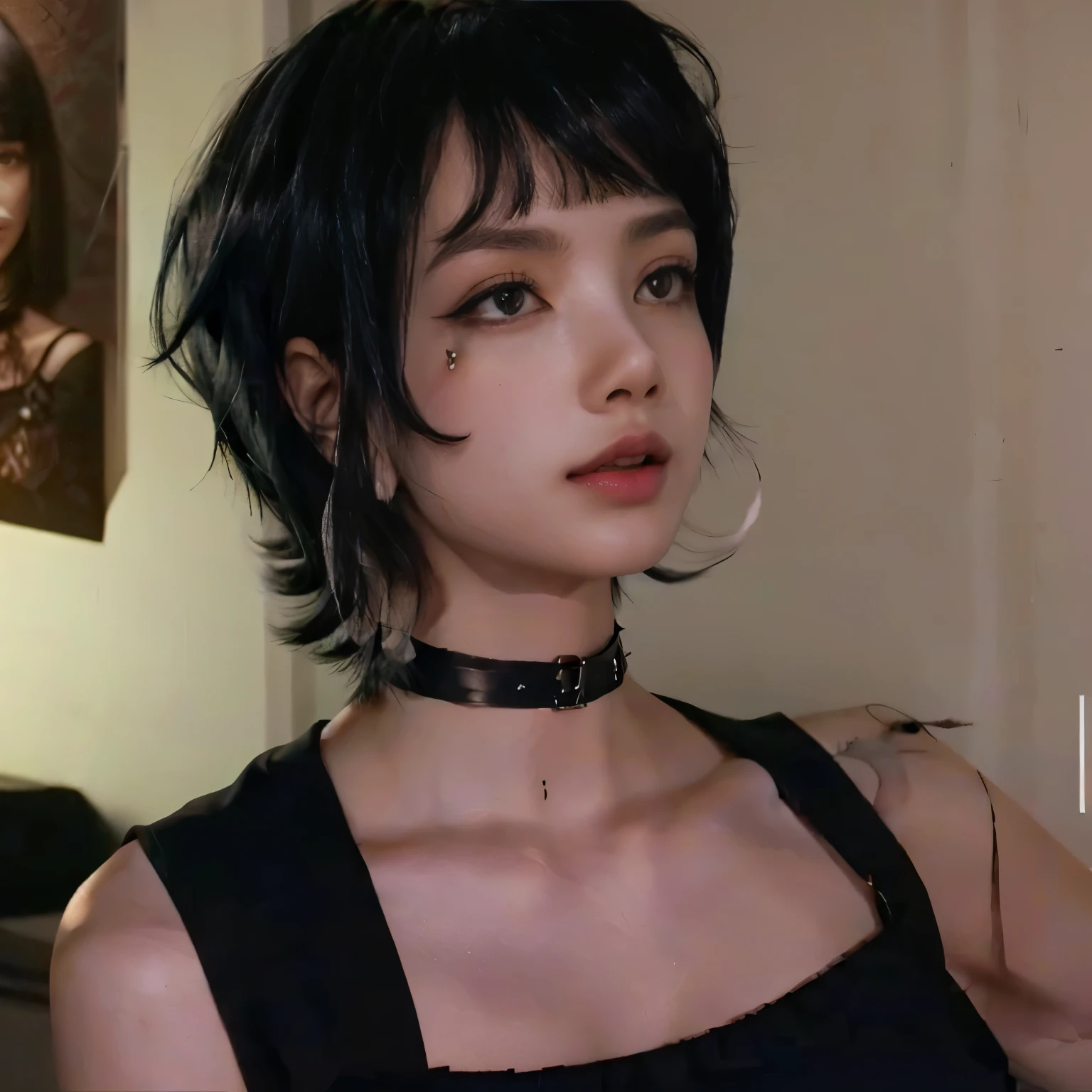 arafed woman with a black top and a black choke, 1 7 - year - old goth girl, 1 7 - year - old anime goth girl, messy black bob hair, black hime cut hair, goth girl aesthetic, with short hair with bangs, with short hair, wearing black choker, goth girl, she has black hair with bangs, goth aesthetic