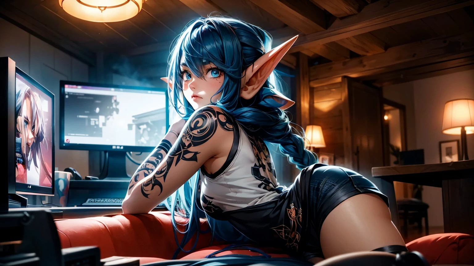 Create a high-quality, detailed image of a beautiful, anime gamer girl with tattoos and long hair, bright blue eyes, and small elf ears, sitting at her gaming PC in her gaming room. She is wearing a see through tank top, barely showing her nipples, and sleep shorts, showing her midriff, highlighting her stunning curves. The warm, inviting scene includes soft ambient lighting, comfortable seating, The setting is illuminated by a small lamp, creating a serene and intimate atmosphere