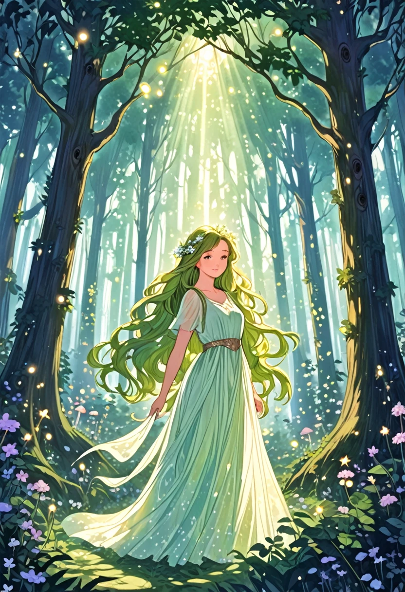 ""Create a detailed fantasy artwork of a girl in an enchanted forest. She should have long, flowing hair intertwined with leaves and flowers, wearing an ethereal gown that blends seamlessly with her natural surroundings. The forest around her should be dense and vibrant, with towering ancient trees, glowing mushrooms, and sparkling fireflies. Soft rays of sunlight should filter through the canopy, casting a magical, dappled light on the scene. The overall atmosphere should be mystical and serene, capturing the girl's deep connection with the forest."