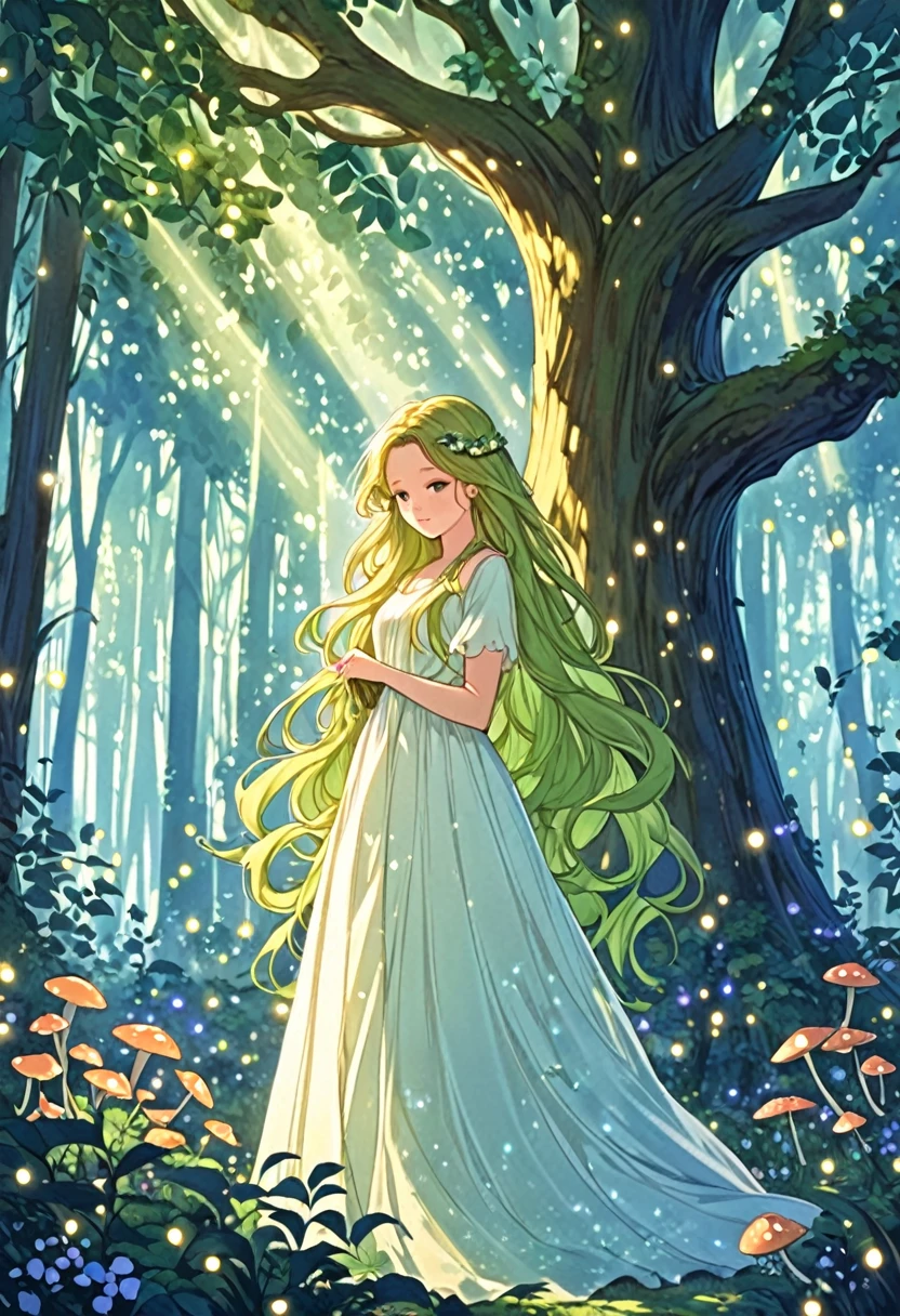 ""Create a detailed fantasy artwork of a girl in an enchanted forest. She should have long, flowing hair intertwined with leaves and flowers, wearing an ethereal gown that blends seamlessly with her natural surroundings. The forest around her should be dense and vibrant, with towering ancient trees, glowing mushrooms, and sparkling fireflies. Soft rays of sunlight should filter through the canopy, casting a magical, dappled light on the scene. The overall atmosphere should be mystical and serene, capturing the girl's deep connection with the forest."