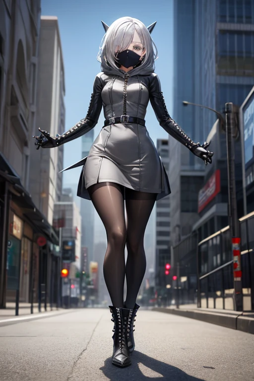 ((best quality)), ((masterpiece)), (detailed), 1 girl, Full body, 18 years old, Depressed face, Silver eyes, Arms outstretched, Eyes covered, Silver hair, medium hair, Spiky hair, Bangs, Strand of hair covering eye, Full body, Very tall, Athletic, Small breasts, Slim, Gray zippered hood, Metal spikes, Gray wristbands, Long black spiked gloves, Gray Gothic dress, Gray dress with metal spikes, Metal emblem, Tight fit, Black belt, Black pantyhose, Black boots, Walking through the city, Metal spikes coming out of the highway, City background, Gray clothes, Superhero, Anime