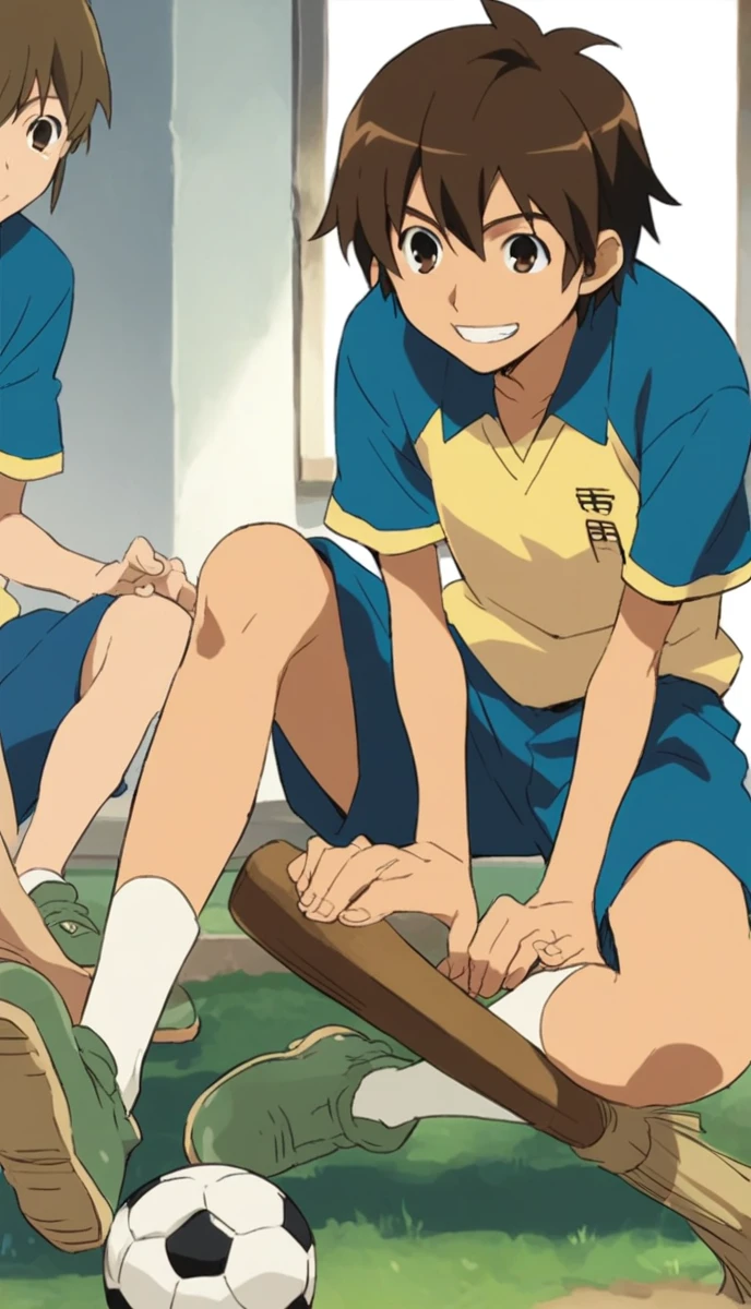 anime, 一人のboy, Handa Shinichi, Brown Hair, Brown eyes, Raimon Soccer Uniform, stop temporarily, smile, View your audience, Cartoon man with a broom, Man with a broom, 床をcleaningする, juvenile, doing hard work, Using a broom, High quality illustrations, , classroom、boy、cleaning、cleaning当番、housework、anime, 一人のboy, Handa Shinichi, Brown Hair, Brown eyes,
