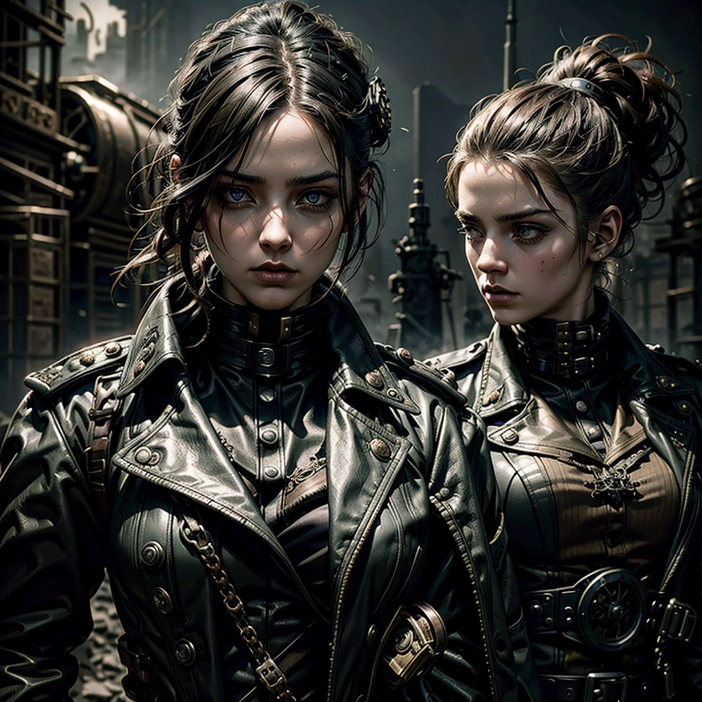 A female crime boss zombie, extremely detailed, steampunk outfit, mysterious creature bodyguard, bad neighborhood background, (best quality,4k,8k,highres,masterpiece:1.2),ultra-detailed,(realistic,photorealistic,photo-realistic:1.37),dark moody lighting,cinematic dramatic lighting,chiaroscuro lighting,dystopian sci-fi,dark fantasy,muted color palette,gritty urban setting,intricate details,highly detailed,award winning photography