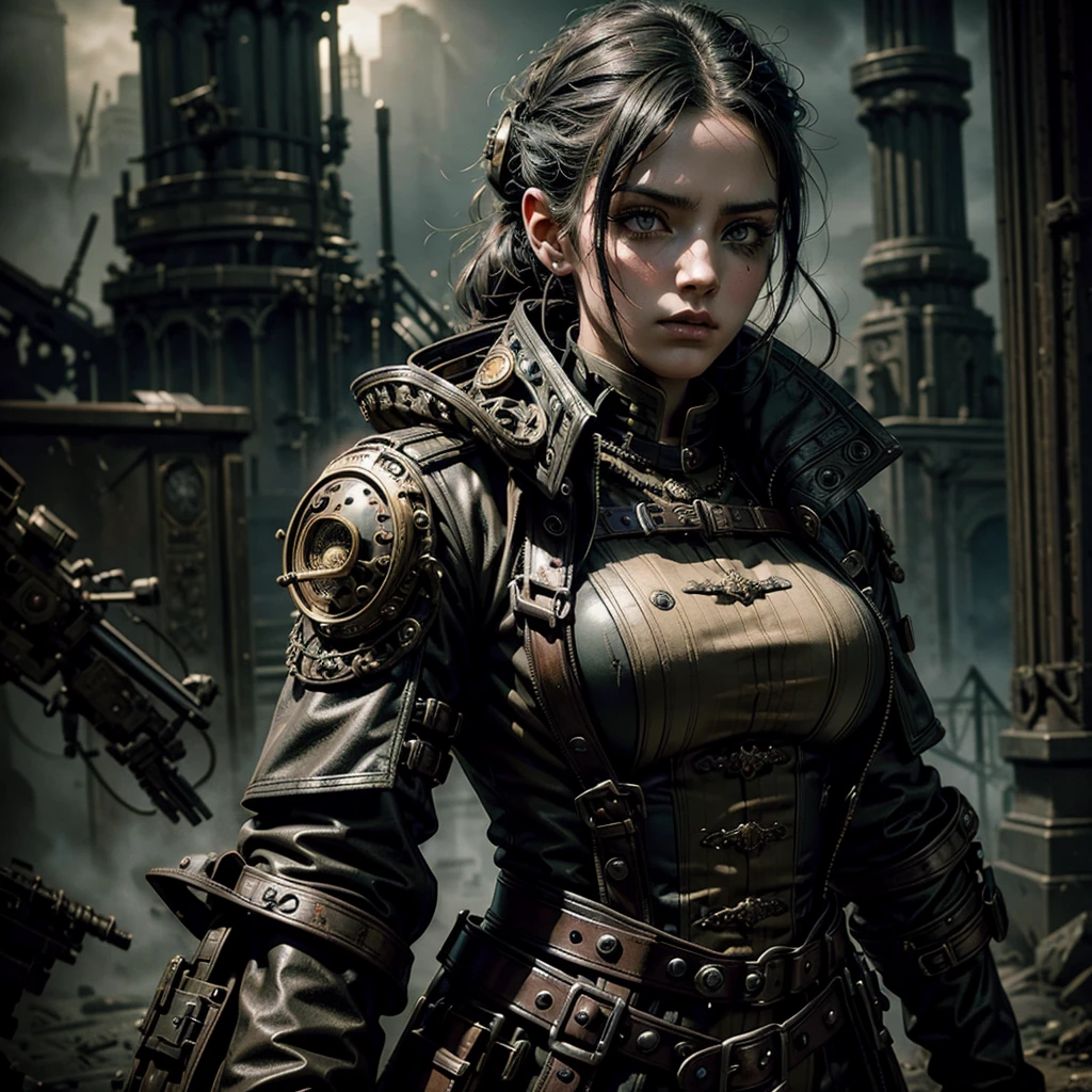 A military girl in a steampunk uniform, gothic battlefield, surreal creatures, highly detailed, cinematic lighting, dramatic shadows, muted color palette, dystopian atmosphere, epic proportions, hyperrealistic, 8k, detailed facial features, elegant hairstyle, ornate mechanical details, gritty textures, moody fog, ruined architecture, fantastical elements
