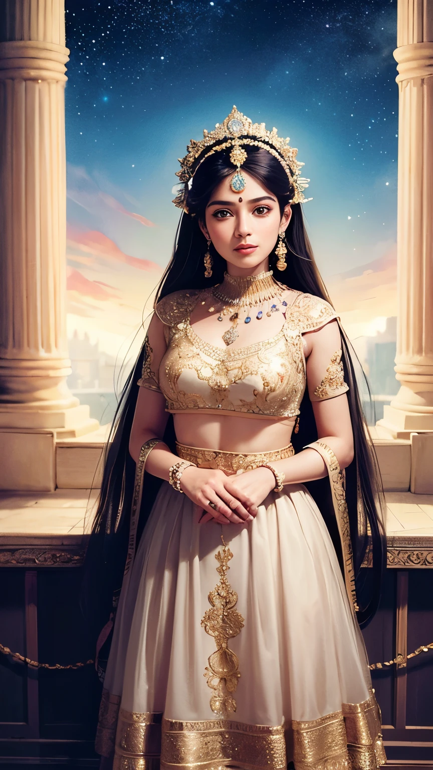 ((best quality)), ((masterpiece)), (detailed), An illustration of an Indian woman  surrounded by a dreamy, magical aura standing on a stage speaking on mike