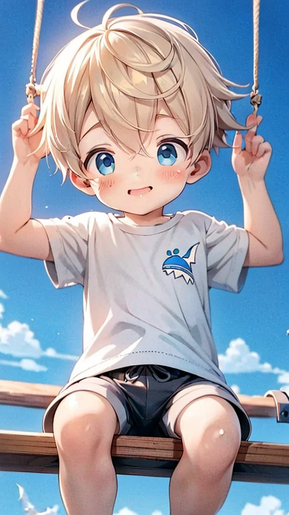 Cute ********** with yellow hair, he is small and cute and is wearing a shirt with a shark design and shorts with polka dots  He's sitting on a swing 