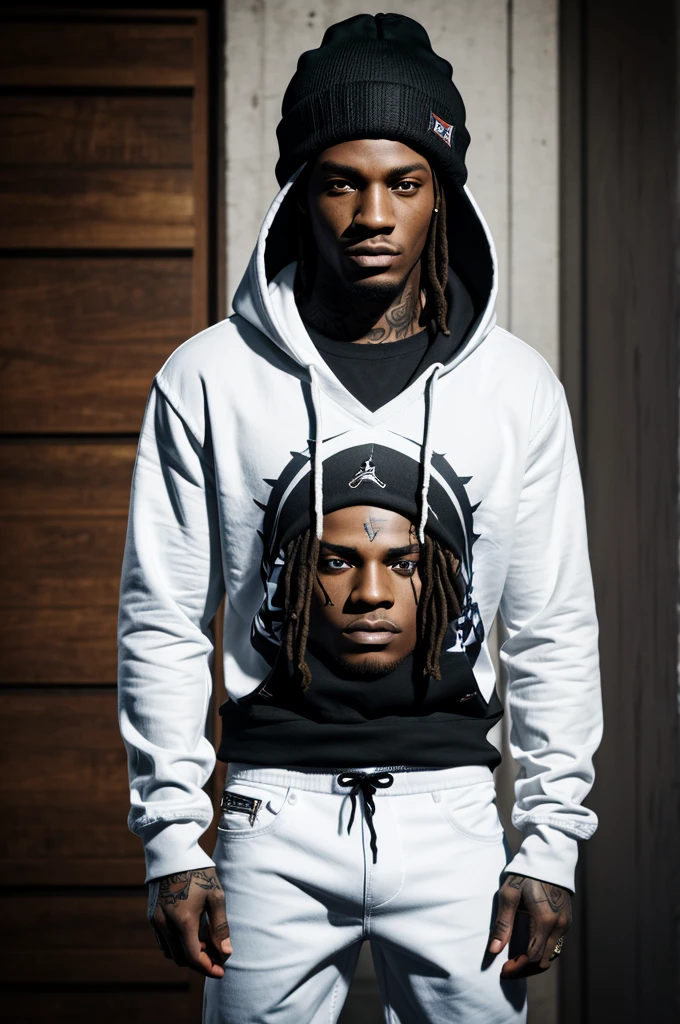 Generate a 3D Dark skined male,alot tattoos, grills,black London dreads, black beanie,hood,thug, sagging very low see full boxers, white jeans, black shirt, 11s jordans Use the RenderMan renderer. 3D. digital art. High definition, high contrast, high color saturation.