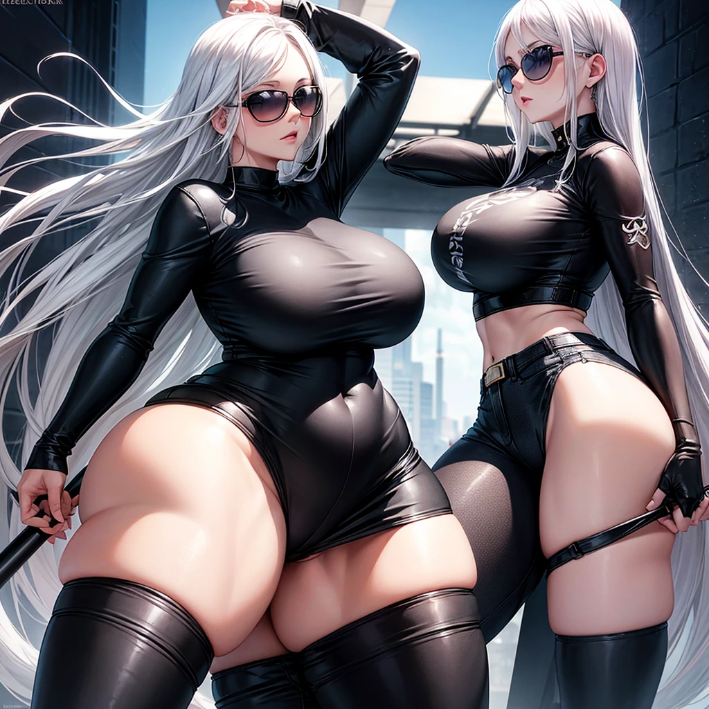 white hair woman, blue eyes, big breasts, thick thighs prominent butt. She is dressed in black jeans, tight black t-shirt and round sunglasses.