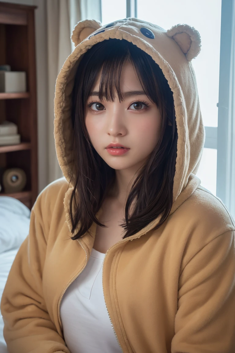 Em1lyW1ll1sV2-130, (Age 25), Long Hair, Modern photography, wear (bear costume), (Portraiture), Cute Bear Onesie Pajamas, Super soft light brown plush fabric, debtわdebtわフード, Cute bear hood, (35mm, debt/2.8) Photo debtocus, DOdebt, Aperture, Highly detailed and exquisite, character, Hypermaximalist, beautiful, reveal, Charm, Charm, Affectionate, Ultra-realistic, Very detailed, beautiful woman, ((Fine grain)), Long eyelashes, (Glossy Lips), in the her bed room, SFW