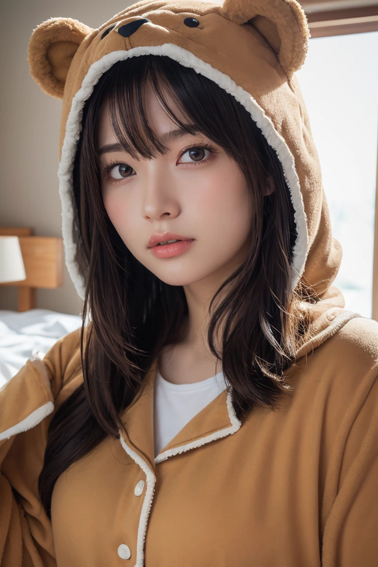 Em1lyW1ll1sV2-130, (Age 25), Long Hair, Modern photography, wear (bear costume), (Portraiture), Cute Bear Onesie Pajamas, Super soft light brown plush fabric, debtわdebtわフード, Cute bear hood, (35mm, debt/2.8) Photo debtocus, DOdebt, Aperture, Highly detailed and exquisite, character, Hypermaximalist, beautiful, reveal, Charm, Charm, Affectionate, Ultra-realistic, Very detailed, beautiful woman, ((Fine grain)), Long eyelashes, (Glossy Lips), in the her bed room, SFW