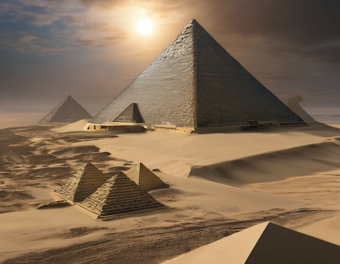 Pyramid of Giza in the future, covered in metal, ultra detail, 8k, hyper realism