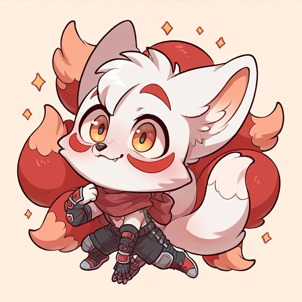 fox, boy, white fur, red details on face, red details on body, 9 tails, chibi, cute