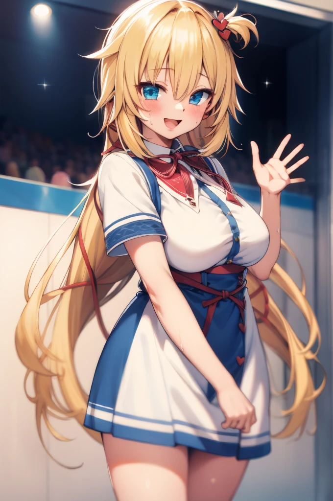 masterpiece, akai haato, hololive, 1girl, bangs, blonde hair, blue eyes, blush,huge breasts, collared shirt, hair between eyes, hair ornament,heart, heart hair ornament, long hair, , neck ribbon, one side up, red ribbon, ribbon, shirt, short sleeves, sidelocks, simple background, smile, solo, sparkle, virtual youtuber, white background, white shirt, cowboy shot, :d, blue skirt,v,waving,blush,sweating,,closed mouth