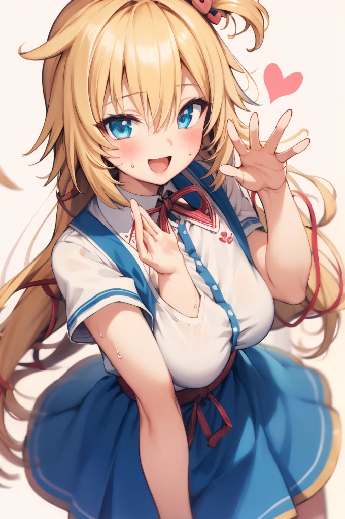 masterpiece, akai haato, ho****ve, 1girl, bangs, blonde hair, blue eyes, blush,huge breasts, collared shirt, hair between eyes, hair ornament,heart, heart hair ornament, long hair, , neck ribbon, one side up, red ribbon, ribbon, shirt, short sleeves, sidelocks, simple background, smile, solo, sparkle, virtual youtuber, white background, white shirt, cowboy shot, :d, blue skirt,v,waving,blush,sweating,,closed mouth