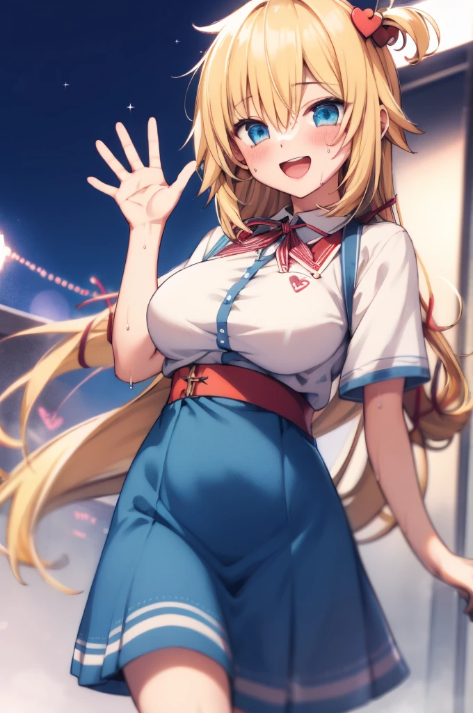 masterpiece, akai haato, hololive, 1girl, bangs, blonde hair, blue eyes, blush,big breasts, collared shirt, hair between eyes, hair ornament,heart, heart hair ornament, long hair, , neck ribbon, one side up, red ribbon, ribbon, shirt, short sleeves, sidelocks, simple background, smile, solo, sparkle, virtual youtuber, white background, white shirt, cowboy shot, :d, blue skirt,v,waving,blush,sweating,nsfw,closed mouth