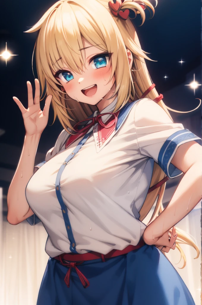 masterpiece, akai haato, hololive, 1girl, bangs, blonde hair, blue eyes, blush,huge breasts, collared shirt, hair between eyes, hair ornament,heart, heart hair ornament, long hair, , neck ribbon, one side up, red ribbon, ribbon, shirt, short sleeves, sidelocks, simple background, smile, solo, sparkle, virtual youtuber, white background, white shirt, cowboy shot, :d, blue skirt,v,waving,blush,sweating,,closed mouth