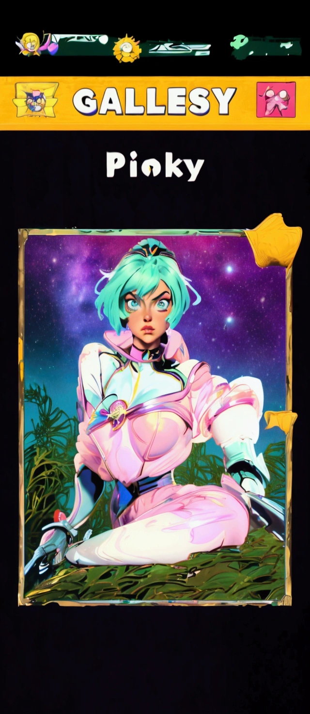 a close up of a cartoon woman with green hair, girl of the zodiac knights, portrait girl of the zodiac knights, portrait anime space cadet girl, girl in space, queen of the galaxy, goddess of the galaxies, cosmic girl, saiyan girl, molly space, on a galaxy-looking background, intergalactic princess, android heroine, cyborg goddess in cosmos