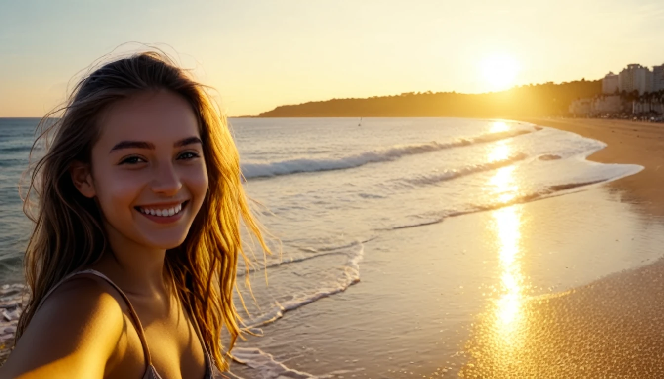 a scene in 8k hyper realistic HDR photo of a girl smiling and in the background the beach at golden time, angle of a camera Sony 55mm