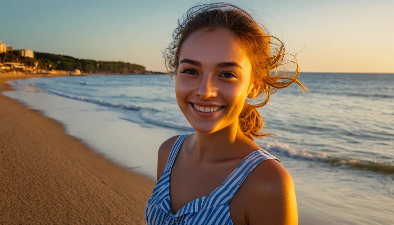 a scene in 8k hyper realistic HDR photo of a girl smiling and in the background the beach at golden time, angle of a camera Sony 55mm