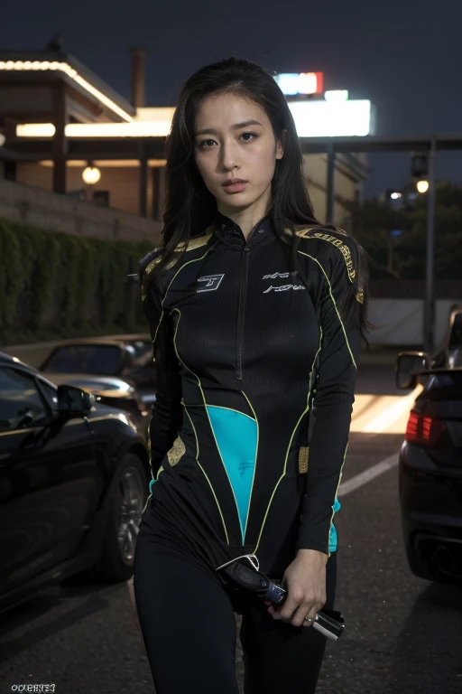 Night view of Beijing,(masterpiece, Top quality, best quality,Official Art, beautiful and aesthetic:1.2),Inspired by the 007 movie,bond girl,Top quality, masterpiece, Ultra HD, (Reality: 1.4), RAW photos, 1 girl, Looked around,avoid danger,Fear,Black Hair, Glowing skin, Dramatic Lighting, whole body, (((Racing suits)), huge,look sideways