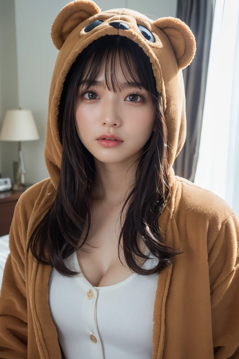 Em1lyW1ll1sV2-130, (Age 25), Long Hair, Modern photography, wear (bear costume), (Portraiture), Cute Bear Onesie Pajamas, Super soft light brown plush fabric, debtわdebtわフード, Cute bear hood, (35mm, debt/2.8) Photo debtocus, DOdebt, Aperture, Highly detailed and exquisite, character, Hypermaximalist, beautiful, reveal, Charm, Charm, Affectionate, Ultra-realistic, Very detailed, beautiful woman, ((Fine grain)), Long eyelashes, (Glossy Lips), in the her bed room, SFW