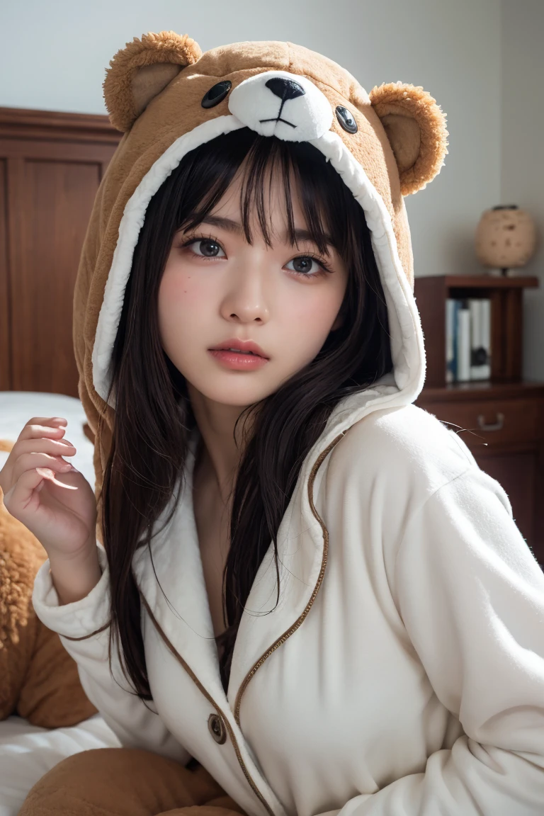 Em1lyW1ll1sV2-130, (Age 25), Long Hair, Modern photography, wear (bear costume), (Portraiture), Cute Bear Onesie Pajamas, Super soft light brown plush fabric, debtわdebtわフード, Cute bear hood, (35mm, debt/2.8) Photo debtocus, DOdebt, Aperture, Highly detailed and exquisite, character, Hypermaximalist, beautiful, reveal, Charm, Charm, Affectionate, Ultra-realistic, Very detailed, beautiful woman, ((Fine grain)), Long eyelashes, (Glossy Lips), in the her bed room, SFW