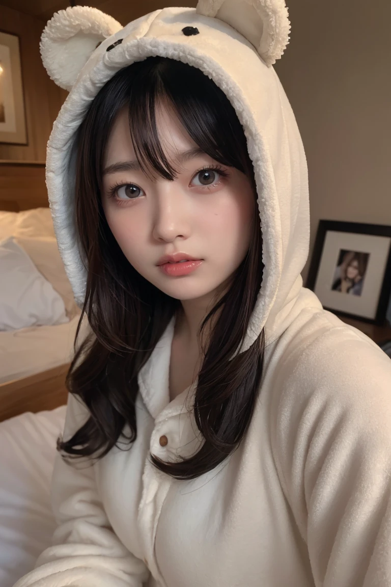 Em1lyW1ll1sV2-130, (Age 25), Long Hair, Modern photography, wear (bear costume), (Portraiture), Cute Bear Onesie Pajamas, Super soft light brown plush fabric, debtわdebtわフード, Cute bear hood, (35mm, debt/2.8) Photo debtocus, DOdebt, Aperture, Highly detailed and exquisite, character, Hypermaximalist, beautiful, reveal, Charm, Charm, Affectionate, Ultra-realistic, Very detailed, beautiful woman, ((Fine grain)), Long eyelashes, (Glossy Lips), in the her bed room, SFW