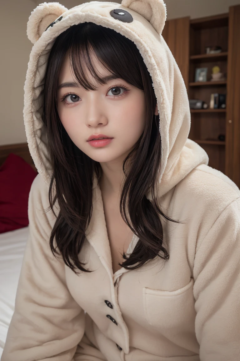 Em1lyW1ll1sV2-130, (Age 25), Long Hair, Modern photography, wear (bear costume), (Portraiture), Cute Bear Onesie Pajamas, Super soft light brown plush fabric, debtわdebtわフード, Cute bear hood, (35mm, debt/2.8) Photo debtocus, DOdebt, Aperture, Highly detailed and exquisite, character, Hypermaximalist, beautiful, reveal, Charm, Charm, Affectionate, Ultra-realistic, Very detailed, beautiful woman, ((Fine grain)), Long eyelashes, (Glossy Lips), in the her bed room, SFW