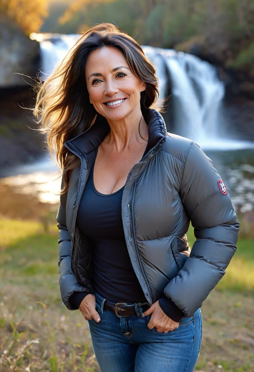 Mature woman of 45 years old full body with hair in a ponytail and dark layers falling on her face, medium size, beautiful face and perfect body, large and round sagging breasts, hands behind her head, smile, firm skin, standing in the bedroom posing for a photo, she is wearing a black goose down jacket and a large neckline. ,red jeans, view from behind. Mature beauty that leaves you speechless, perfect face and body, attractive, beautiful hair, beautiful milf, charming mature milf, beautiful 45 years old, beautiful milf with dark hair with blue highlights at the ends, beautiful detailed body and face, a beautiful milf, background of a waterfall in the middle of the open field, golden hour, beautiful sunset