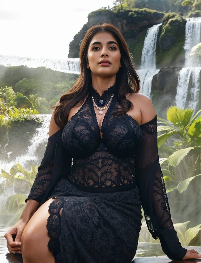 from bottom view, extreme close up photo of pooja hegde, big cheeks, curvy, hourglass figure, swooping breasts, deep cleavage, open arms, sexy armpits, sitting  wide open legs near waterfall, ponytail, white lace bra, necklace, (cinematic:1.3), intricate details, (ArtStation:1.2)