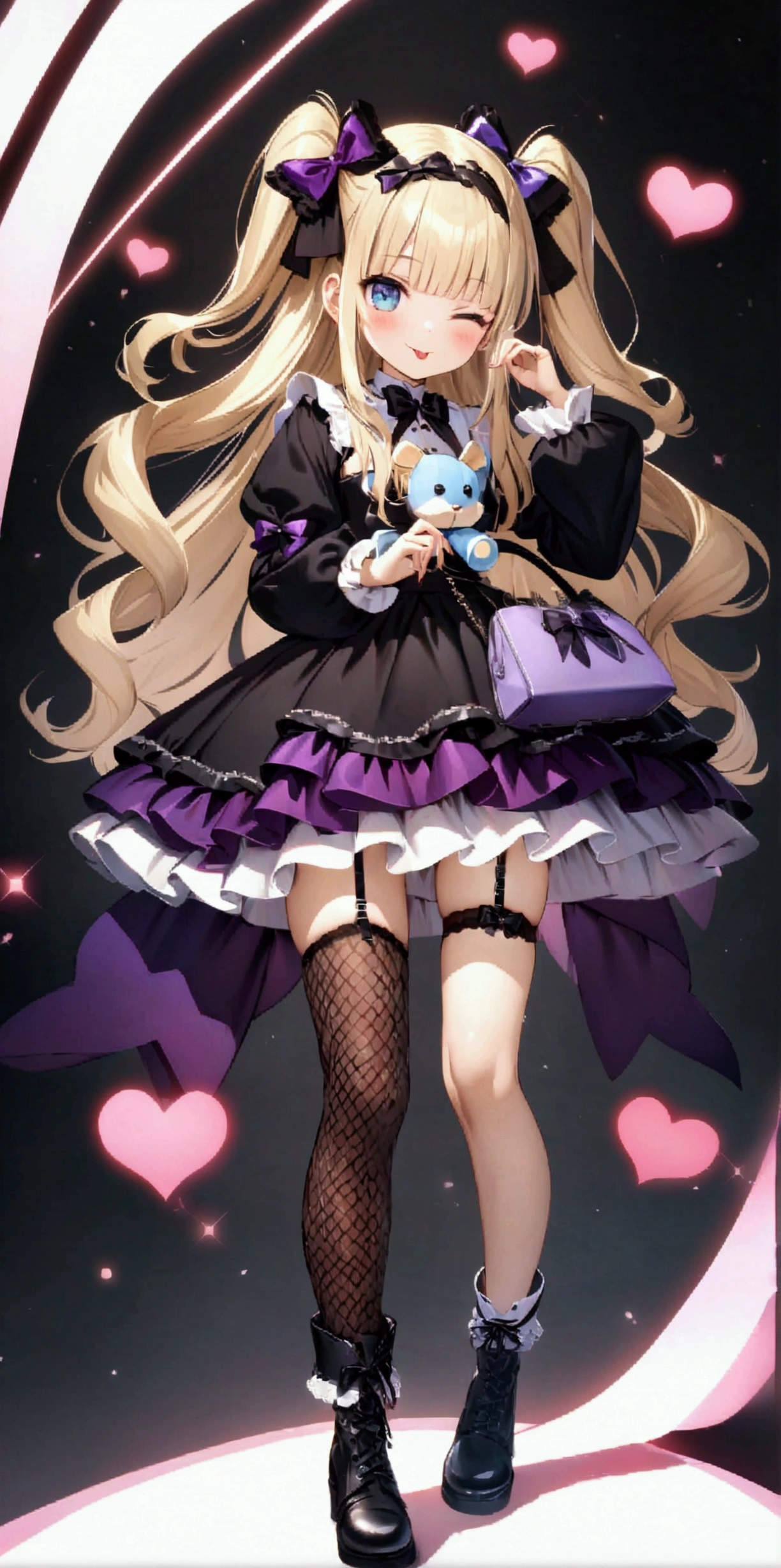 ((32k)), ((best quality)), ((ultra high res)), ((HDR)), ((UHD)), ((extremely detailed CG)), ((unity 32k wallpaper)), 1girl, solo, long hair, looking at viewer, blush, smile, bangs, blue eyes, blonde hair, thighhighs, long sleeves, dress, bow, holding, standing, full body, hair bow, heart, hairband, boots, frills, one eye closed, shoes, tongue, socks, striped, tongue out, blunt bangs, bag, black footwear, two side up, black bow, garter straps, stuffed toy, frilled dress, stuffed animal, single thighhigh, fishnets, puffy long sleeves, asymmetrical legwear, lolita fashion, purple bow, handbag, uneven legwear, cross-laced clothes, fishnet thighhighs, ;p, 