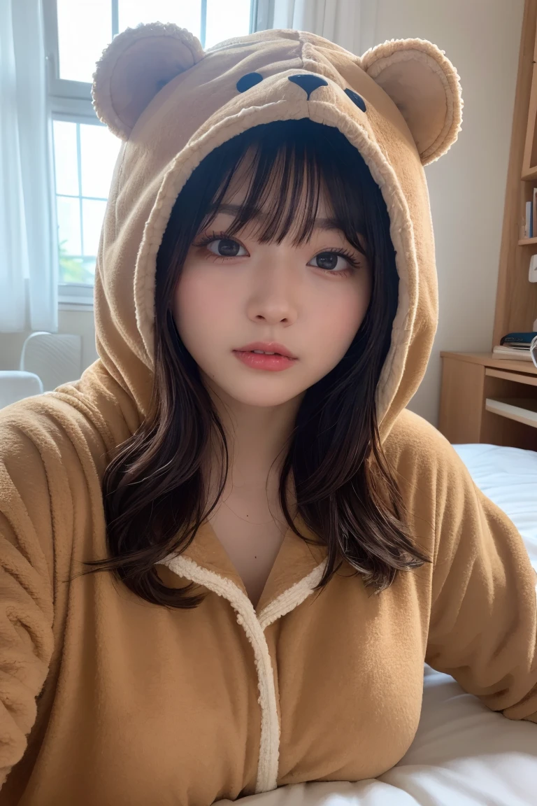 Em1lyW1ll1sV2-130, (Age 25), Long Hair, Modern photography, wear (bear costume), (Portraiture), Cute Bear Onesie Pajamas, Super soft light brown plush fabric, debtわdebtわフード, Cute bear hood, (35mm, debt/2.8) Photo debtocus, DOdebt, Aperture, Highly detailed and exquisite, character, Hypermaximalist, beautiful, reveal, Charm, Charm, Affectionate, Ultra-realistic, Very detailed, beautiful woman, ((Fine grain)), Long eyelashes, (Glossy Lips), in the her bed room, SFW