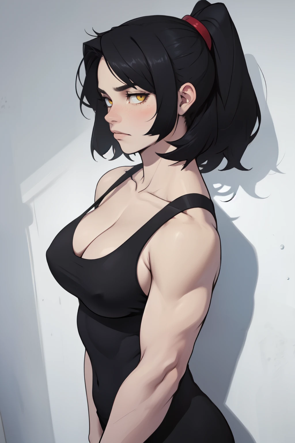 sad girl muscular girl sad girl muscular girl black hair yellow eyes pale skin breasts drop shadow