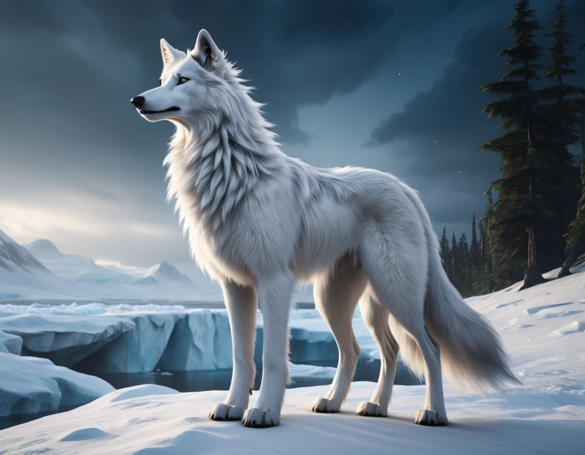 full body portrait of white wolf, himalayan wolf, silken windhound hybrid beast, very long fluffy white tail, long neck, lithe, long, mysterious arctic scenery, fantasy, dark fantasy, full body, cinematic, render, 8k, unreal engine, realistic, masterpiece, high detail, full body, low life, volumetric lighting