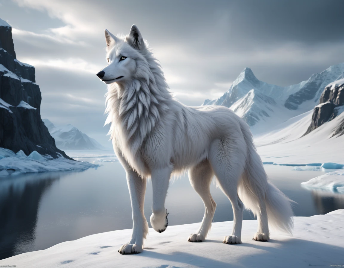 full body portrait of white wolf, himalayan wolf, silken windhound hybrid beast, very long fluffy white tail, long neck, lithe, long, mysterious arctic scenery, fantasy, dark fantasy, full body, cinematic, render, 8k, unreal engine, realistic, masterpiece, high detail, full body, low life, volumetric lighting