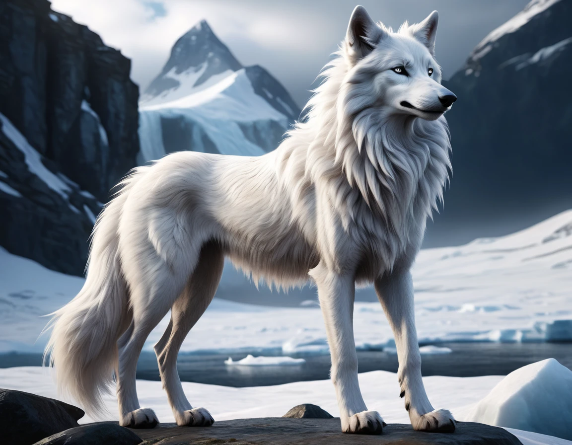 full body portrait of white wolf, himalayan wolf, silken windhound hybrid beast, very long fluffy white tail, long neck, lithe, long, mysterious arctic scenery, fantasy, dark fantasy, full body, cinematic, render, 8k, unreal engine, realistic, masterpiece, high detail, full body, low life, volumetric lighting