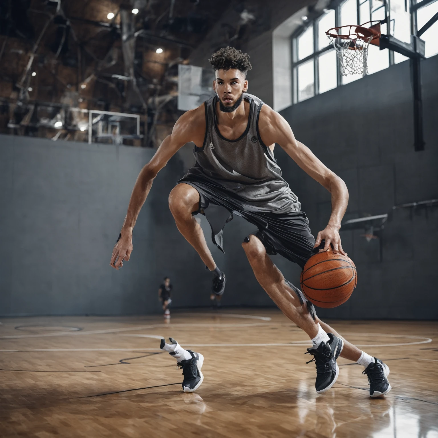 (basketball gym), high ceiling, (hardwood floor), (basketball court), sweaty JackHarrer is a basketballplayer, sweaty gray tank top, shorts, white socks, black sneakers, basketball, dynamic movement, dribbling, (((full body portrait))), wide angle