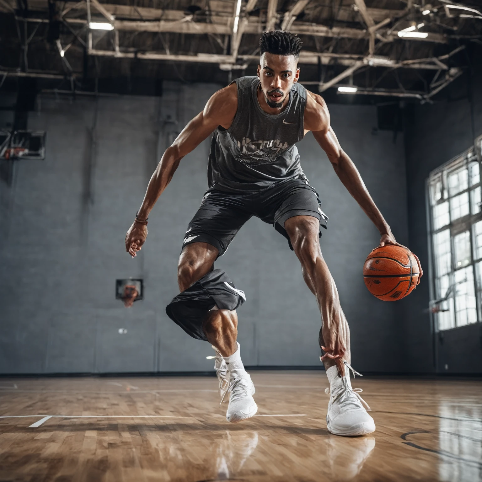 (basketball gym), high ceiling, (hardwood floor), (basketball court), sweaty JackHarrer is a basketballplayer, sweaty gray tank top, shorts, white socks, black sneakers, basketball, dynamic movement, dribbling, (((full body portrait))), wide angle