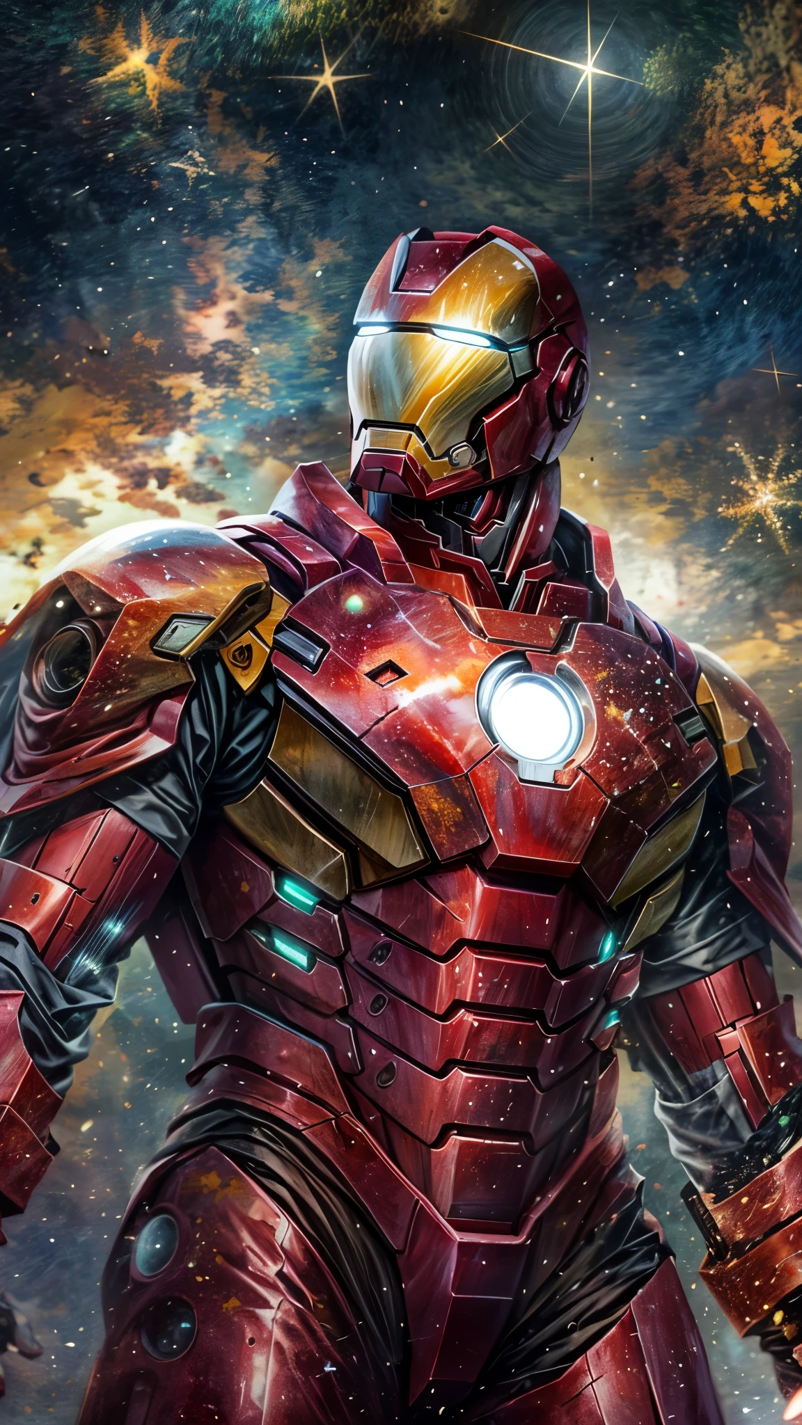 a mighty iron man, armored in the divine vestments of the gods of the universe, merging with the supreme power of the gods, magnificent multicolored luminous eyes, dynamic point of view, set against the vast and glorious backdrop of the galaxy, exuding divine power and radiance, best quality, photorealistic, extremely detailed