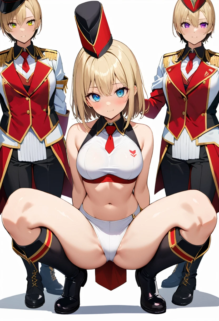 16k works,Highest quality,18-year-old,No background.White background only,whole body,sexy, One person, Beautiful Face,, Symmetrical eyes, Perfect body, Good balance、 Perfect body、 marching band、squat, Spread your legs、No hat