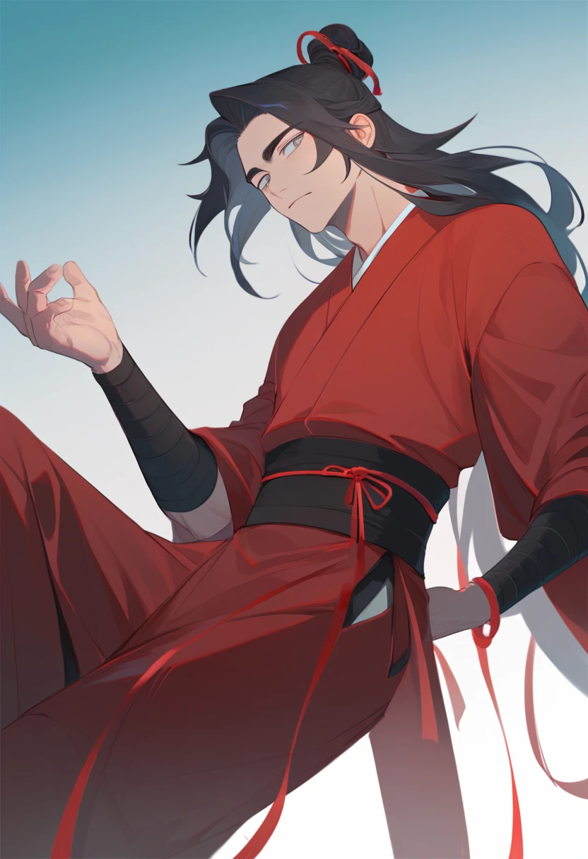 (masterpiece, best quality:1.2), 1male, solo, wei wuxian, mo dao zu shi, mdzs, black and red clothes, grey eyes, long black hair, perfect anatomy, red ribbon around the waist