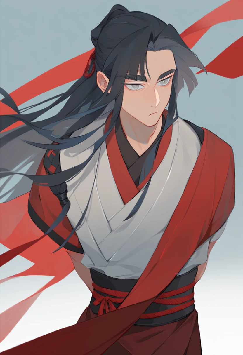 (masterpiece, best quality:1.2), 1male, solo, wei wuxian, mo dao zu shi, mdzs, black and red clothes, grey eyes, long black hair, perfect anatomy, red ribbon around the waist