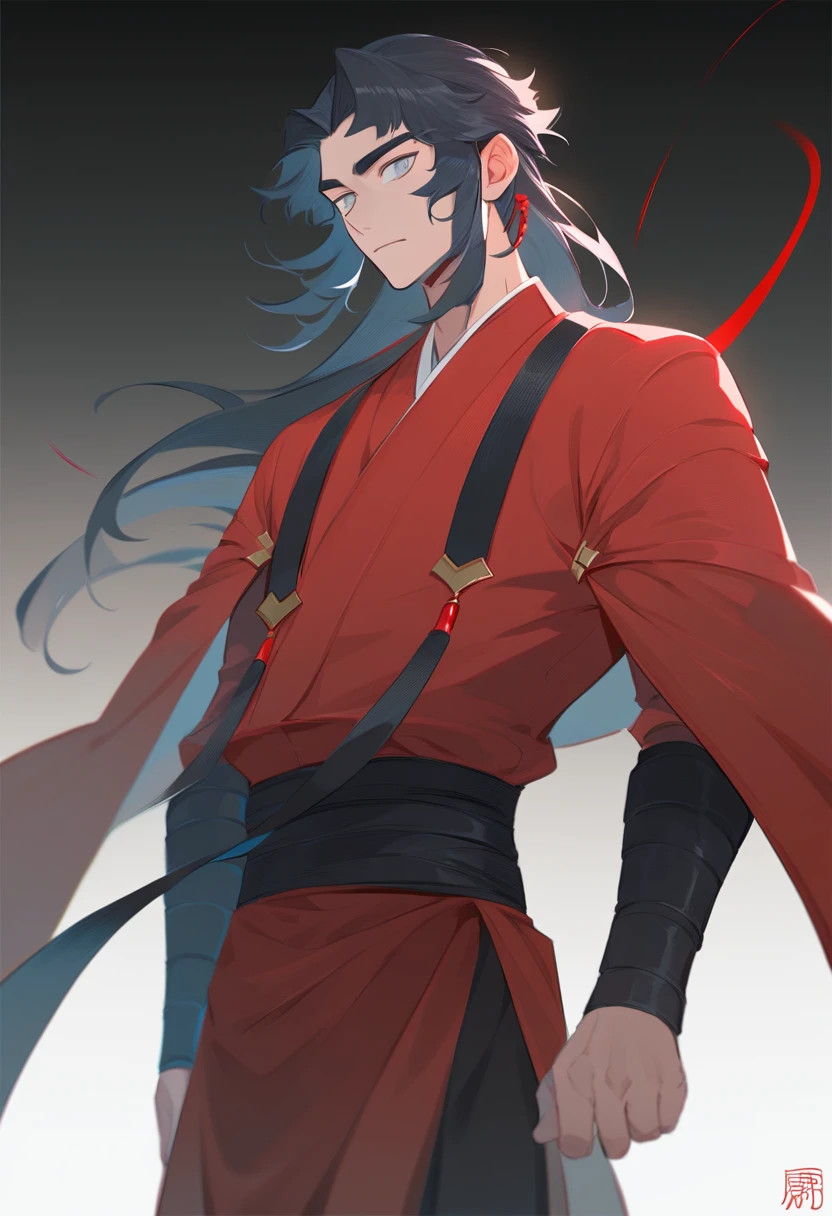 (masterpiece, best quality:1.2), 1male, solo, wei wuxian, mo dao zu shi, mdzs, black and red clothes, grey eyes, long black hair, perfect anatomy, red ribbon around the waist