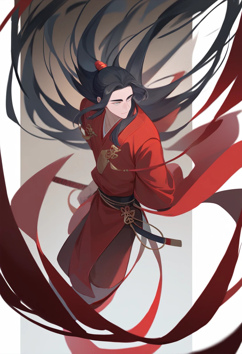 (masterpiece, best quality:1.2), 1male, solo, wei wuxian, mo dao zu shi, mdzs, black and red clothes, grey eyes, long black hair, perfect anatomy, red ribbon around the waist