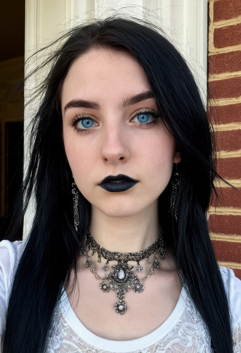 Photo of a mysterious woman, Canadian, dressed in emo style, 20 year old brunette, caucasiana, with a very natural face, thin black painted lips, clear blue eyes, tthin eyebrows, fine nose, aretes, silver thread around the neck, long black straight hair. piercing look. She is the lead singer of an emo style band.. She takes a selfie leaning against the facade of a Victorian-style building in the late afternoon.