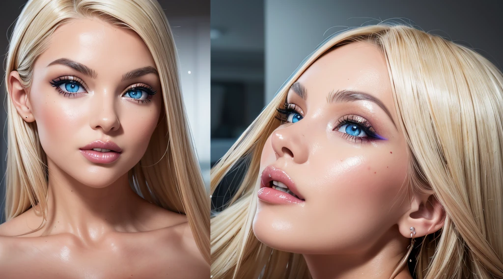 female, 18yo, blonde, busty, blue eyes, face and breasts splattered with cream, ((Detailed face:1.2)), ((detailed facial features)), (finely detailed skin), (cold color), moist, Reflectors, (masutepiece) (perfectly proportions)(photos realistic)(Best Quality) (Detailed) photographed in a Canon EOS R5, 50mm Lens, F/2.8, nfsw, (8K)