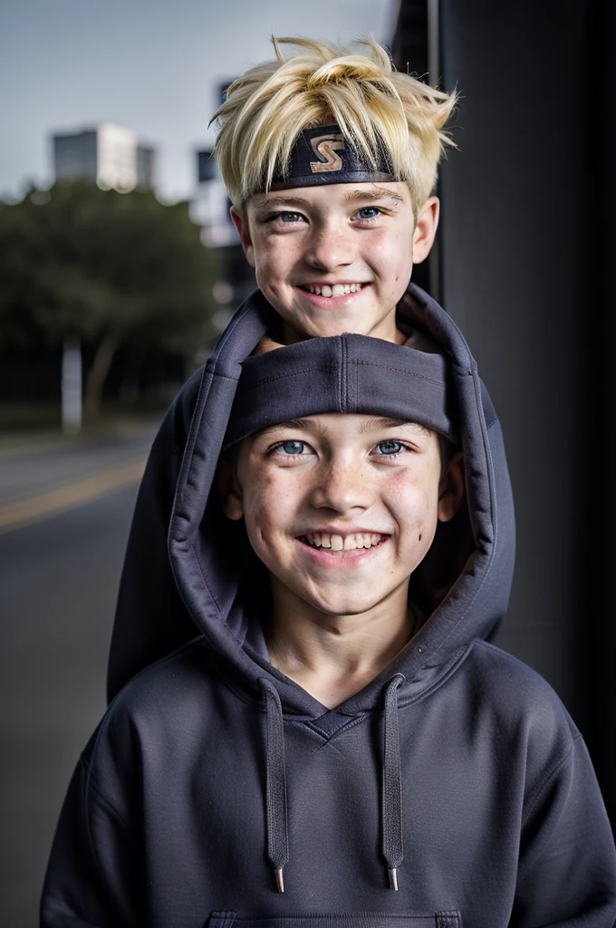 masterpiece, Super detailed, One boy, Male Focus, Upper Body Shot, Uzumaki Boruto is wearing a maroon streetwear hoodie, Yellow Hair, blue eyes, View the viewer, smile, Vibrant colors, urban landscape background, Dynamic Lighting, Highly detailed face, stylish, Urban style, Calm Demeanor, Bokeh, Blurred Background,