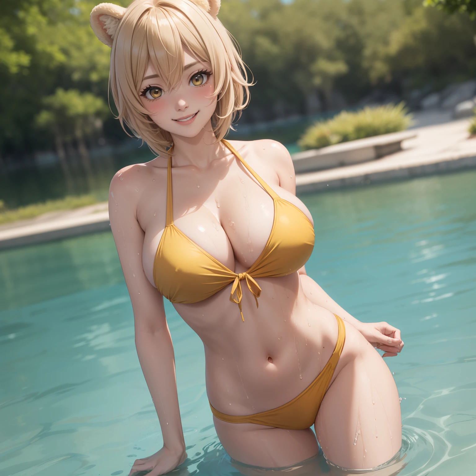 Raphtalia woman 24 years old, happy smile , blush, short ash blonde hair, short hair, bear ears, amber yellow eyes, short hair, mischievous smile, big breasts, bikini verde, background of a lake. ash blonde hair. 1 single woman single woman. WET BODY, drops of water on his chest.